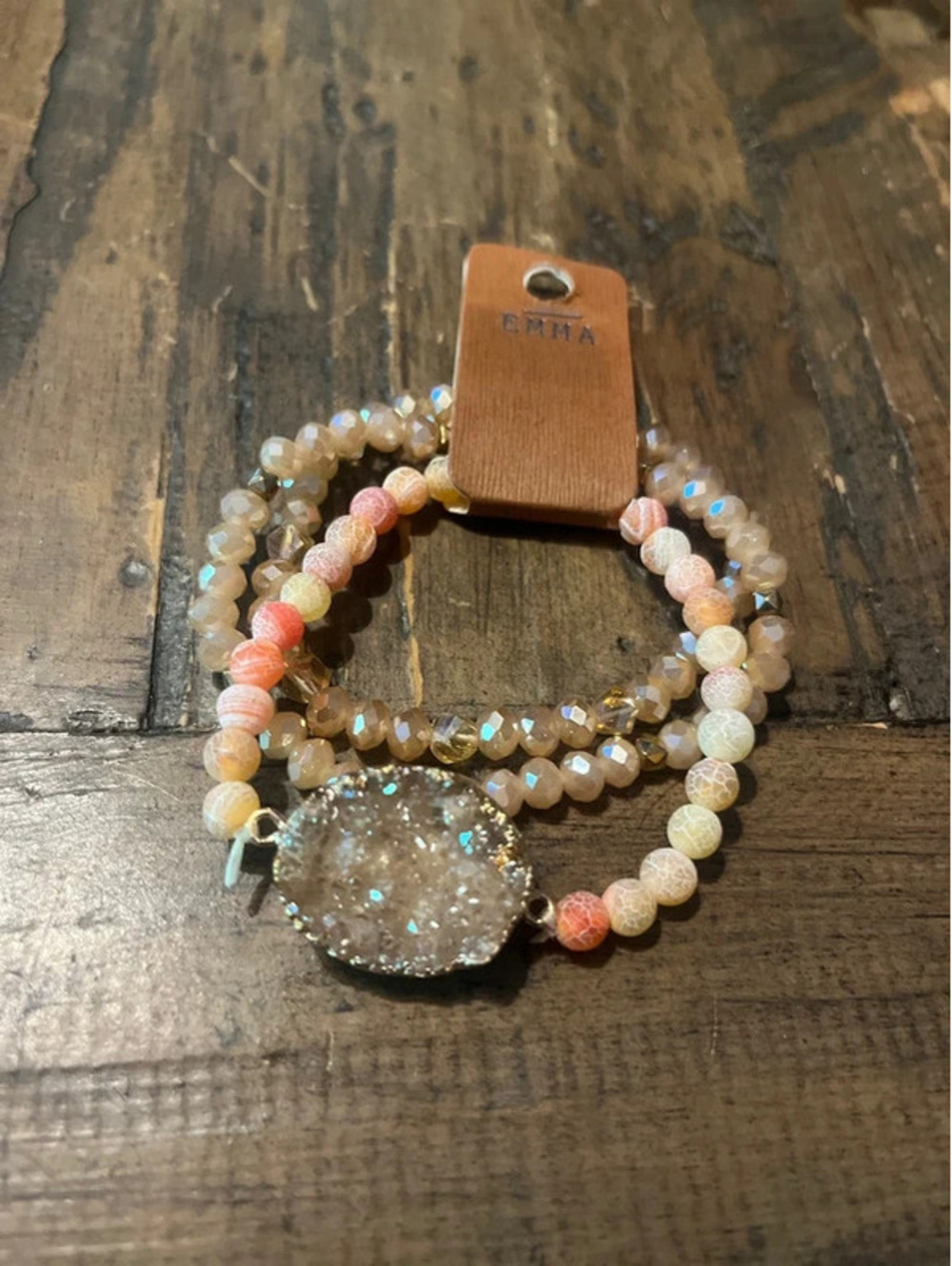 New EMMA Beaded Bracelet Stack Set – Blush Peach & Crystal Druzy Stone (3pc)
